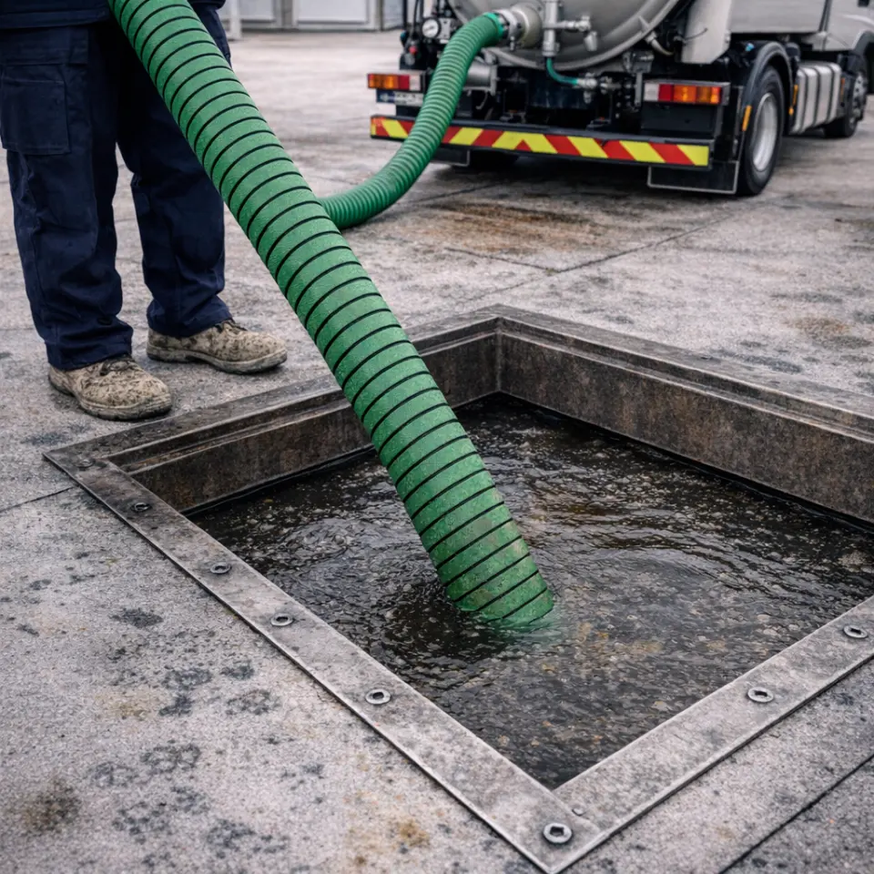 Green vacuum hose pumping out an open grease trap beside a tanker